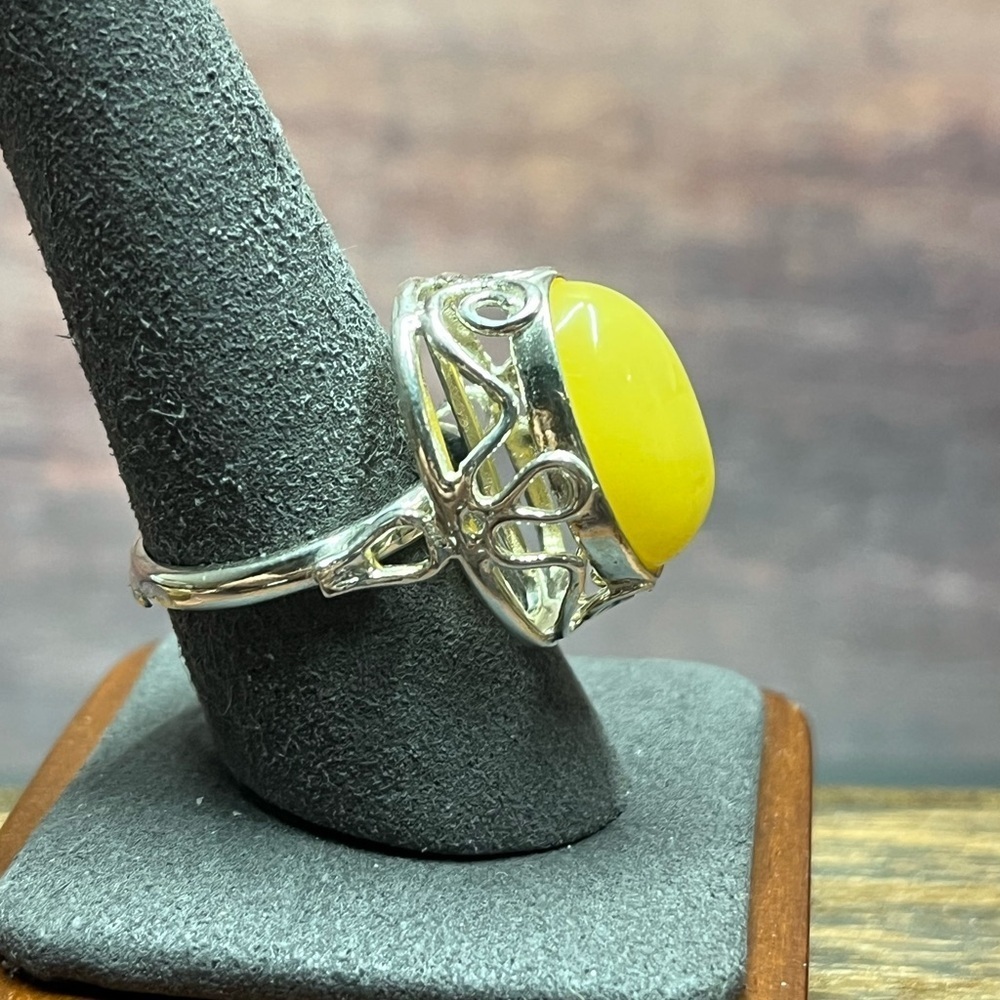 Sterling Silver Butterscotch Amber Ring – Size 9, Adjustable, Statement Ring - Picture 7 of 8